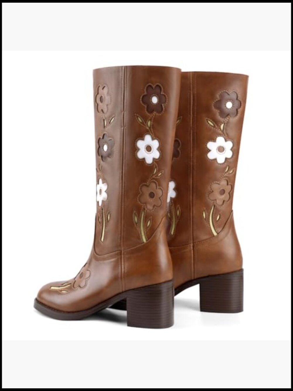 Square Toe Chunky Block Heel Knee High Boots Boho Floral Vintage Tall Boots - Picture 7 of 7